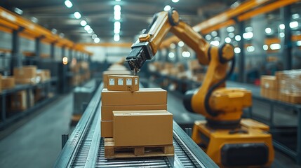 Work on smart warehouse. Robot arm places boxes on pallets. Automation logistics on smart stock storage.