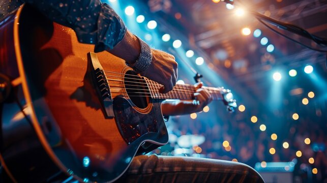The rock star playing acoustic guitar on the stage. In the background is the rock star concert