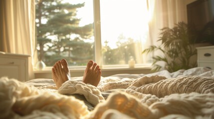 A person leisurely stretches in bed on a weekend morning, enjoying the lack of a schedule. - obrazy, fototapety, plakaty
