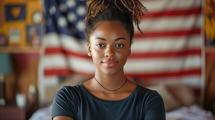 Portrait of a young woman in front of the American flag