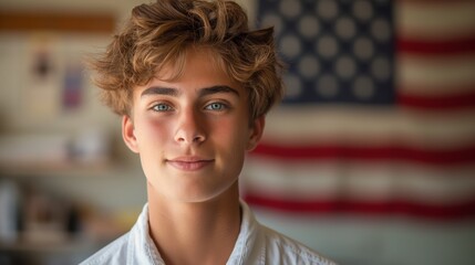 Portrait of a young man in front of the American flag