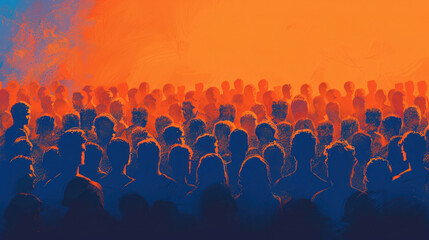 Fototapeta na wymiar Large Group of People Standing in Front of Orange and Blue Background