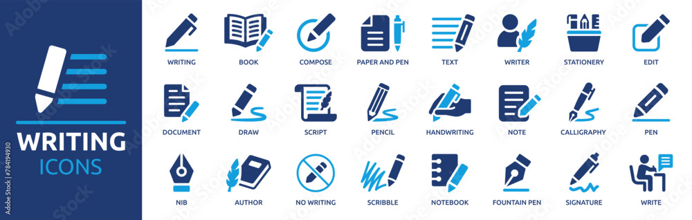 Poster writing icon set. containing pen, write, pencil, note, edit, writer, document, nib, text and more. s