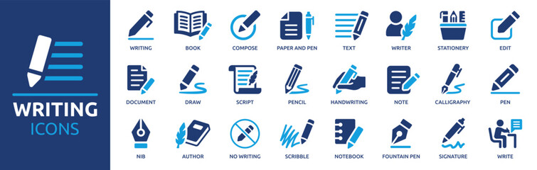 Fototapeta premium Writing icon set. Containing pen, write, pencil, note, edit, writer, document, nib, text and more. Solid vector icons collection.