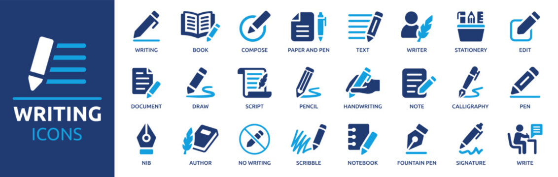 Fototapeta Writing icon set. Containing pen, write, pencil, note, edit, writer, document, nib, text and more. Solid vector icons collection.
