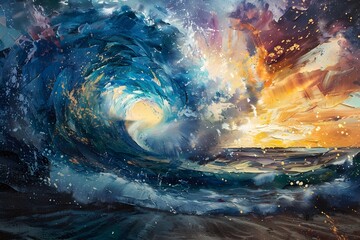 A painting of a wave crashing on a beach with a sunset in the background. The mood of the painting is serene and calming, as the waves and sunset create a peaceful atmosphere