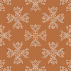 Seamless ethnic geometrical pattern with ancient Greek cross shape spiral palmette motifs. Monochrome white silhouettes on brown background.