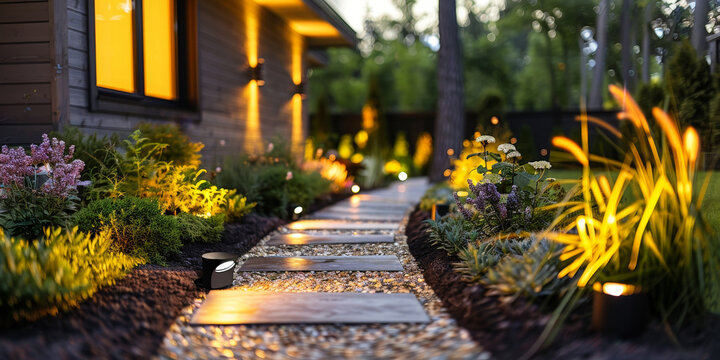 outdoor home with three LED landscape lights in The garden has neatly arranged greenery and small flowers, creating a peaceful atmosphere. Eco friendly lighting in garden