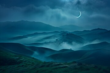 Enchanting Moonlit Landscape:Ethereal Hills Bathed in Soft Lunar Glow,Shimmering Crescent Moon,and Swirling Mist - obrazy, fototapety, plakaty