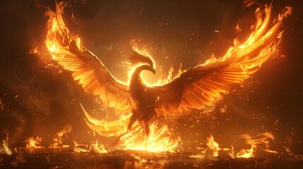 Majestic Phoenix Rising from the Ashes in a Vibrant Display of Power and Rebirth - obrazy, fototapety, plakaty