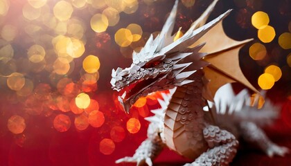 ai generative of hyper realistic of a ornaments with the dragon made from paper; bokeh blur background for your design, poster or banner