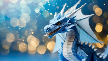 ai generative of hyper realistic of a blue angry dragon; bokeh; blur for poster, banner and...