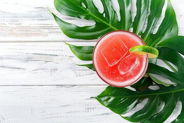 Cosmopolitan cocktail and monstera leaf top view on white wooden background, tropical drink summer background with copy space text