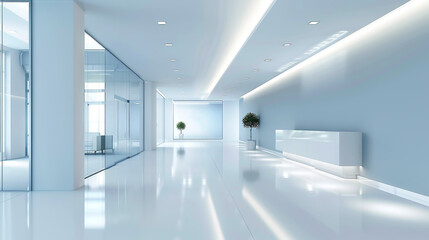 Refined light blue interior walls with built-in illumination and modern flooring.