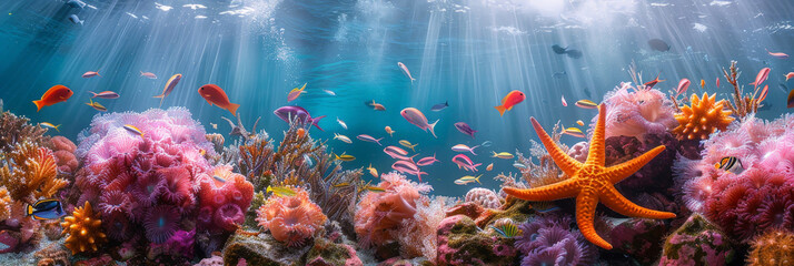 underwater sea  with clear blue water with sunlight, 
 coral reef teeming with colorful fish and starfish, showcasing the beauty of marine life. 