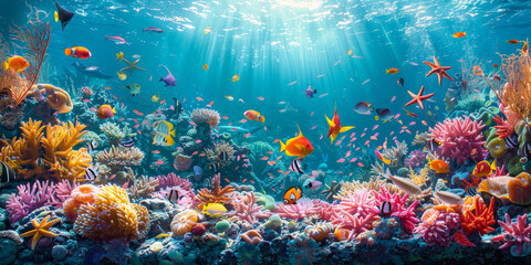 underwater sea  with clear blue water with sunlight, 
 coral reef teeming with colorful fish and starfish, showcasing the beauty of marine life.  - obrazy, fototapety, plakaty