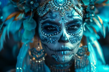 Close-up portrait of a sugar skull makeup, highlighting the intricate designs and colors against a dark background, 
