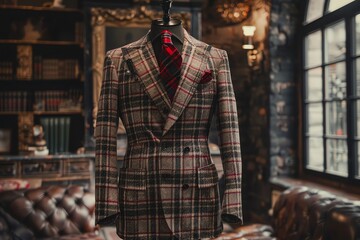 Fototapeta premium A bespoke suit jacket presented in a luxuriously lit studio scene isolated against a charcoal background.