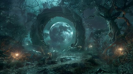 Mystical Forest Portal Reveals Fantastical World Beyond in Moonlit Enchantment - obrazy, fototapety, plakaty