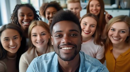 Obraz premium Happy, diverse people taking a group selfie portrait in the office, celebrating multicultural teamwork together, a concept of happy lifestyle.