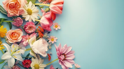 Eyecatching Spring floral composition made of fresh colorful flowers on light pastel background