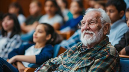 Fototapeta premium Elderly Caucasian Man Attending a Seminar with Diverse Audience