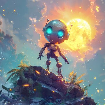 Imaginative Bot Hovering Over Radiant Yellow Sunspot