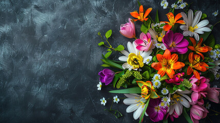 Eyecatching Spring season still life with Happy Easter greeting holiday script over dark