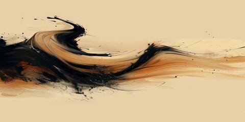 Chinese ink brush painting, minimalism, beige and black colors brush strokes on beige background - obrazy, fototapety, plakaty