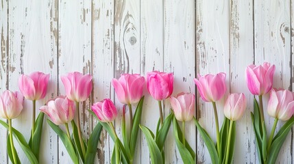 Spectacular Top view of pink tulips on wooden table