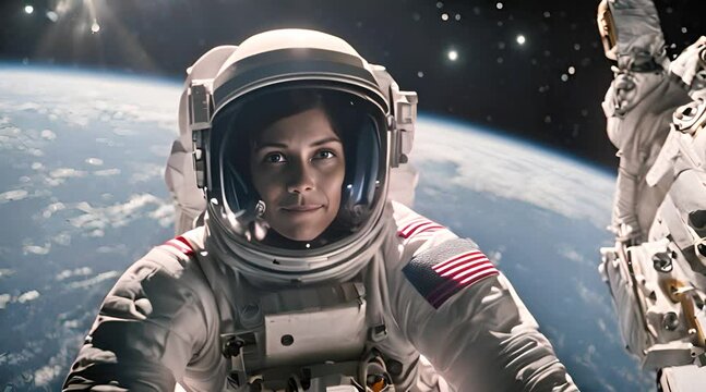 Caucasian Female Astronaut in Spacewalk: Full Portrait of a Trailblazing Explorer