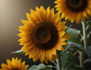 Ripe sunflower with yellow petals and dark middle, isolated on white background.
