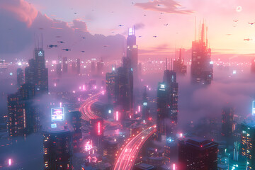 Fototapeta premium Futuristic Cyberpunk Cityscape: A Lively Symphony of Neon Lights and Advanced Technology