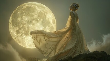 Ethereal Moon Goddess Bathed in Soft Celestial Glow,Adorned with Flowing Diaphanous Robes and Celestial Jewels - obrazy, fototapety, plakaty