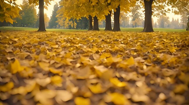 Autumn's Golden Carpet: Vibrant Yellow Leaves Adorning a Fall Park in a Picturesque Display