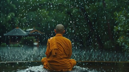 A monk in orange robes meditating in the rain near a traditional temple, surrounded by lush greenery.