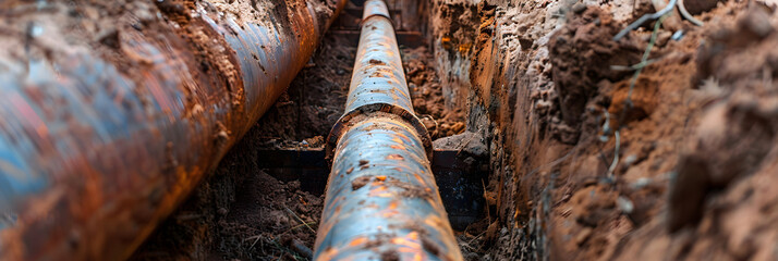 Metal pipe in trench, pipeline construction in ground, old underground water line and dirt. Concept of technology, oil, gas, work, dig - obrazy, fototapety, plakaty