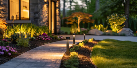 outdoor home with three LED landscape lights in The garden has neatly arranged greenery and small flowers, creating a peaceful atmosphere. Eco friendly lighting in garden - obrazy, fototapety, plakaty