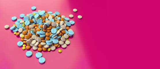 Assorted medication pills scattered on a colored background. 3D rendering.
