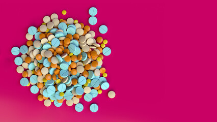 Assorted medication pills scattered on a colored background. 3D rendering.