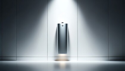Modern battery in a sleek design, mounted on a bright white wall. Sleek battery showcased with natural lighting, ideal for minimalist design.