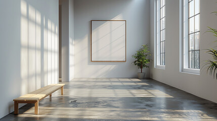 A sophisticated art museum scene featuring a detailed abstract painting on a replica of a blank white wall frame.