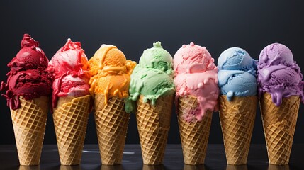 A rainbow of vibrant fruit flavors, from tangy lemon to sweet strawberry, perfectly scooped into a waffle cone ,super realistic,soft shadown
