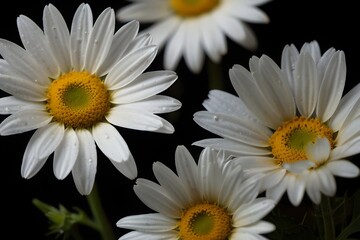 3 White daisies flowers with yellow centres isolated on a black background.
