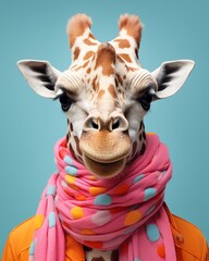 Craft a comical representation of a goofy giraffe with a silly expression and a polka dot scarf ,close-up,ultra HD,digital photography - obrazy, fototapety, plakaty