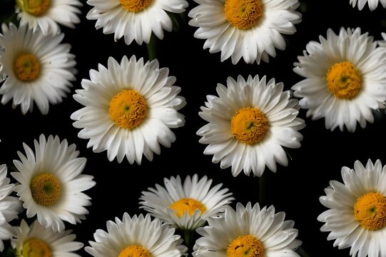 3 White daisies flowers with yellow centres isolated on a black background.
