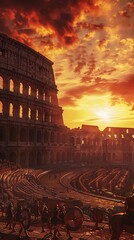 Immerse viewers in a virtual tour of historical Romes Colosseum at dusk, using photorealistic rendering to showcase gladiators in action under dramatic, moody lighting effects - obrazy, fototapety, plakaty
