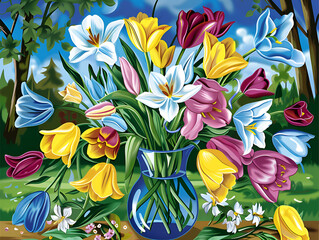 Vibrant Tulip Bouquet Blooming in Elegant Vase, Floral Home Decor Concept