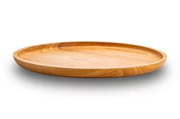 Rolgordijnen Closeup view of empty new wooden plate isolated on white background with clipping path. © takepicsforfun