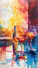 Transform the idea of brush strokes into a stunning watercolor artwork depicting a dining scene with dishes that seem to flow and blend like painted strokes